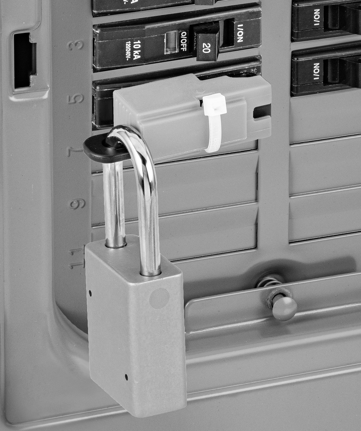 Pin-In Lockout with Cable
Tie Slot Shown Installed (Padlock
and Cable Tie Not Included)