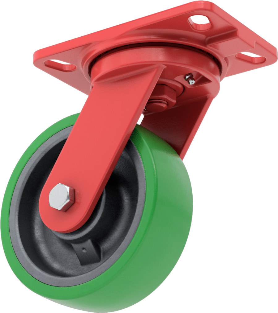 6-1/2" x 4-1/2" Plakalı Yüksek Kapasiteli Kingston Tekerlek, 6 inç Çapında Yeşil Poliüretan Tekerlekli Döner Ayak — 6", Levha, Döner