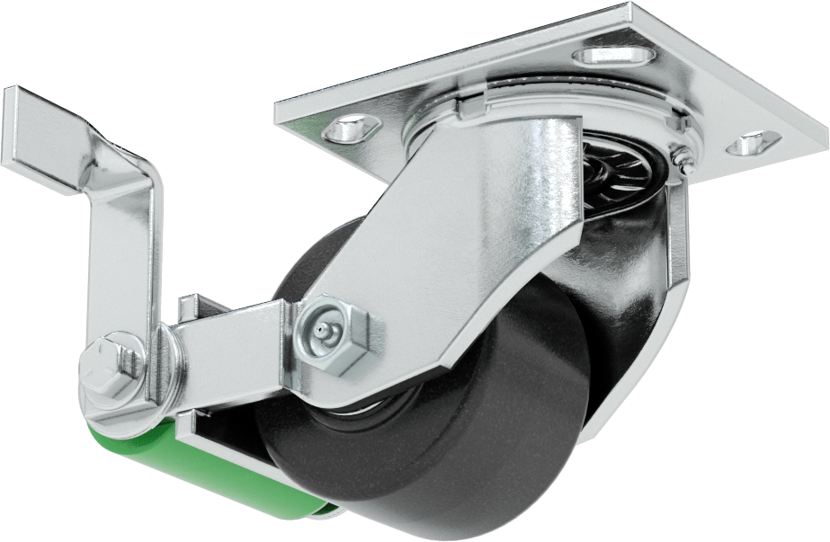 4-1/2" x 4" Plakalı Yüksek Kapasiteli Spartan Tekerlek, Frenli Döner Tekerlek, 3-1/4" Çap Açık Rulmanlı Fenolik Tekerlek