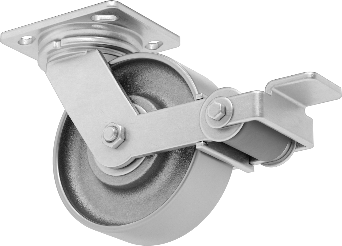 5" x 4" Montaj Plakalı Yüksek Kapasiteli Spartan Tekerlek, Frenli ve 6 inç Çapında Çelik Tekerlekli Döner Ayak — 6", Çelik, Levha
