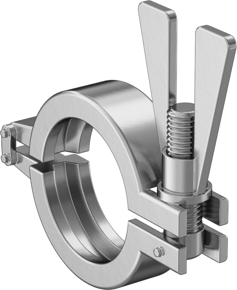 1" için 2 Pimli Menteşe Kelepçesi, 1.25" ve 1.5" Boru Dış Çapı — 1", 1 1⁄4", 1 1⁄2", Kelebek Somun, 304/304L Stainless Steel, 316 Stainle…