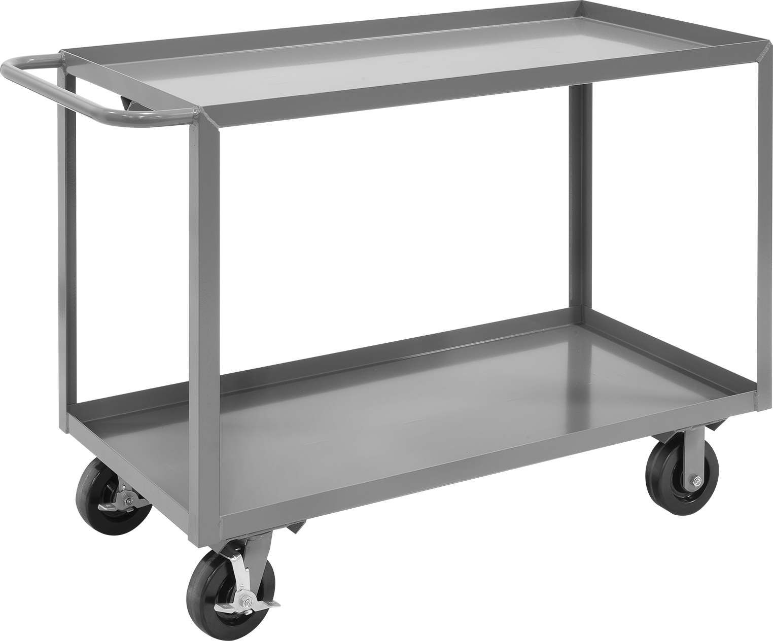 Fenolik Tekerlekli Çelik El Arabası, İki adet 36" uzunluk x 24" genişliğinde kenarlı raf — 36", 24", 36"