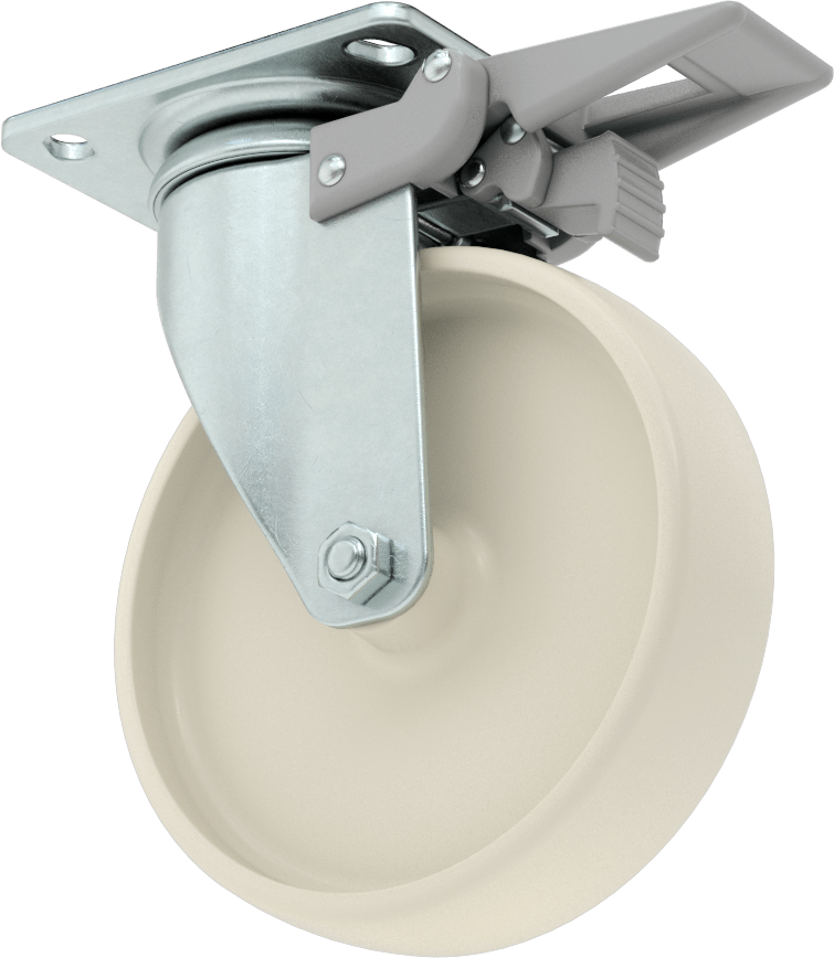 3-3/4" x 2-3/4" Plakalı Parlak Yüzeyli Tekerlek, Tam Kilitli ve 5" Çapında Naylon Tekerlekli Döner — 6 3⁄8", Levha, 5"