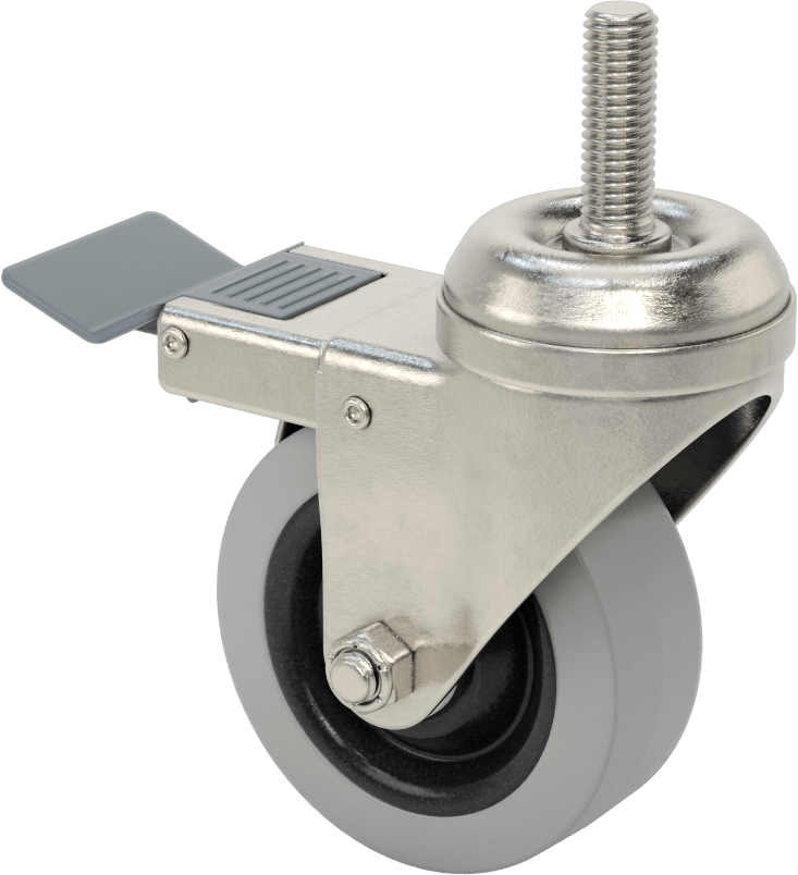 Paslanma ve Aşınmaya Dayanıklı Dişli Saplı Tekerlek, Total Locklu, 1/2"-13 Diş ve 3-1/2" Çaplı Kauçuk Tekerlek