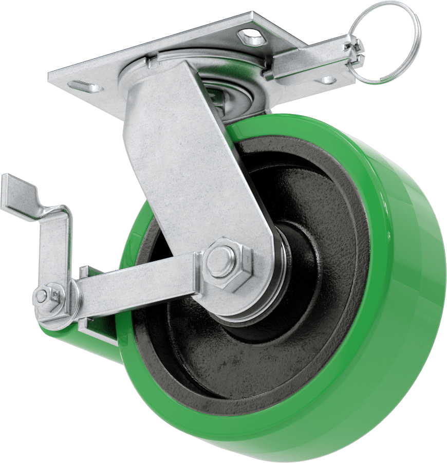 6-1/4" x 4-1/2" Plakalı Viking Tekerlek, Kilitli ve 8" Çapında Poliüretan Tekerlekli Döner Tekerlek
