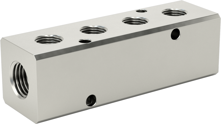 Nikel Kaplı Alüminyum Dik Açılı Akış Manifoldu, bir tarafta 4 çıkış, 1/4 NPT x 1/8 NPT