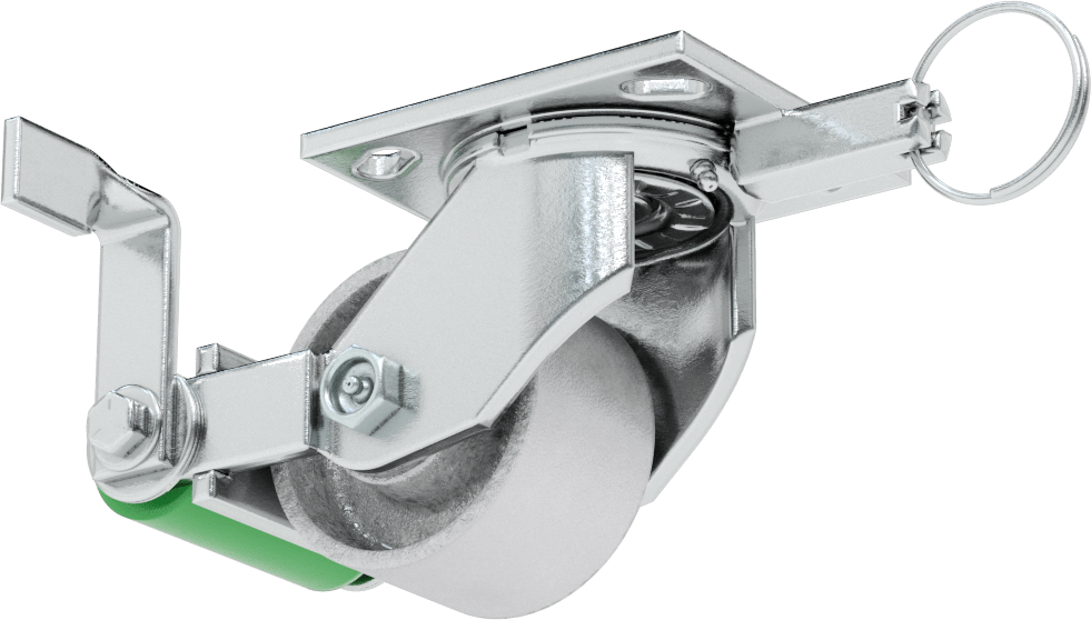 4-1/2" x 4" Plakalı Yüksek Kapasiteli Spartan Tekerlek, Frenli Döner Tekerlek, Döner Kilit, 3-1/4" Çaplı Açık Rulmanlı Metal Tekerlek