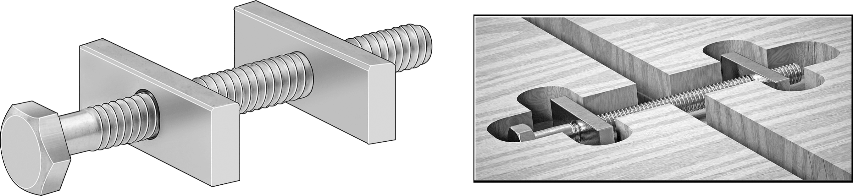 Ahşap için Gömme Montajlı Eklem Kelepçeleri, Altıköşe Başlık, 1/2" ila 3" Malzeme Kalınlığı için