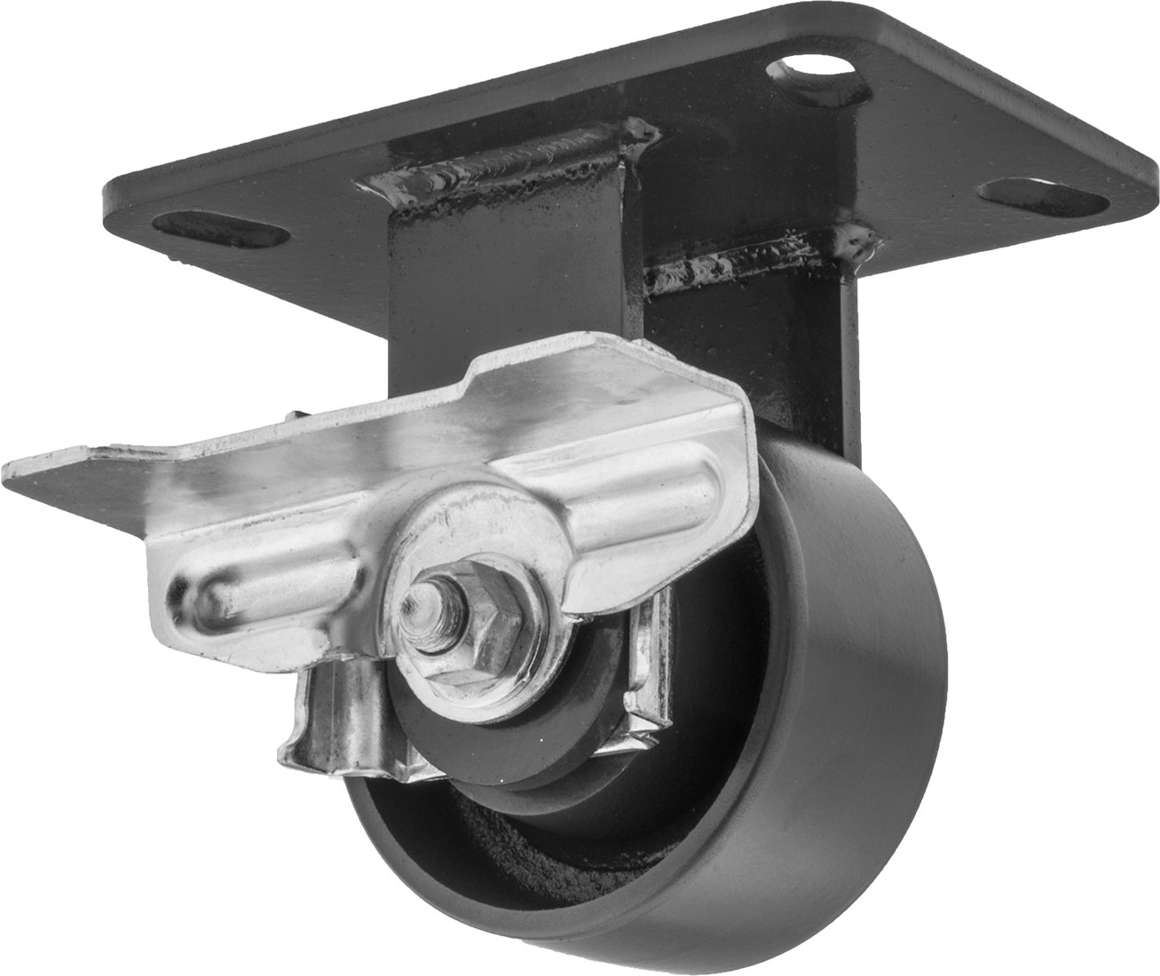 6-1/2" x 4-1/2" Plakalı Yüksek Kapasiteli Kingston Tekerlek, Sağ Taraf Frenli ve 4 inç Çapında Metal Tekerlekli Sabit — 4", Levha, Sert