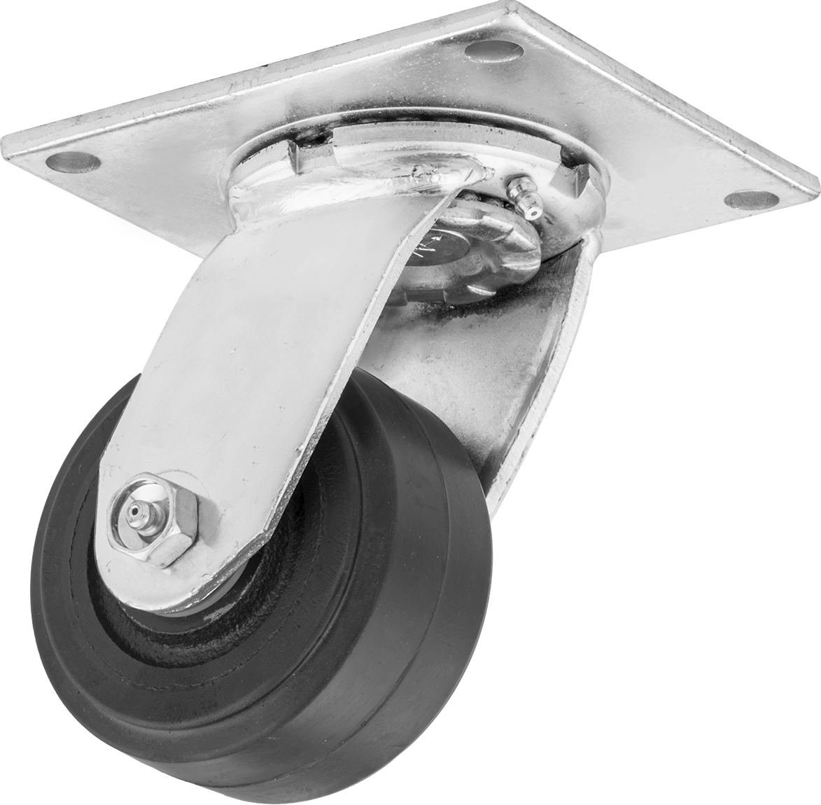 5-1/2" x 5" Montaj Plakalı Tekerlek, Samson, 4 inç Çapında Siyah Kauçuk Tekerlekli Döner Tekerlek — 4", Levha, Döner