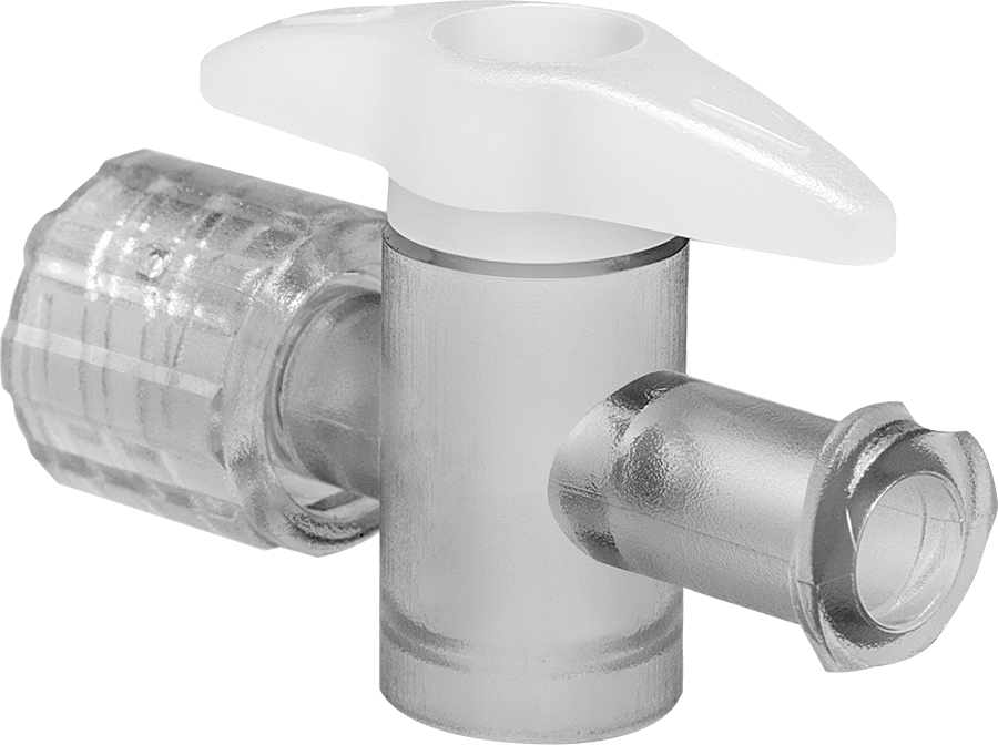 Luer-Lock Bağlantı Parçaları ile Açma/Kapama Vanası, Polikarbonat Gövde, Kilitleme Halkalı Erkek x Dişi — Plastic, Polycarbonate, Luer Lo…