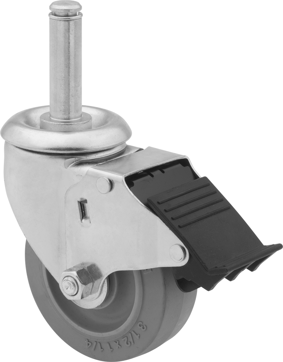 Sürtünmeli Tutuşlu Mil Dönüşlü Tekerlek, Segmanlı, Total Lock ve 3-1/2" Çapında Gri Kauçuk Tekerlek — Mil, 5⁄8", Sürtünmeli Tutamak