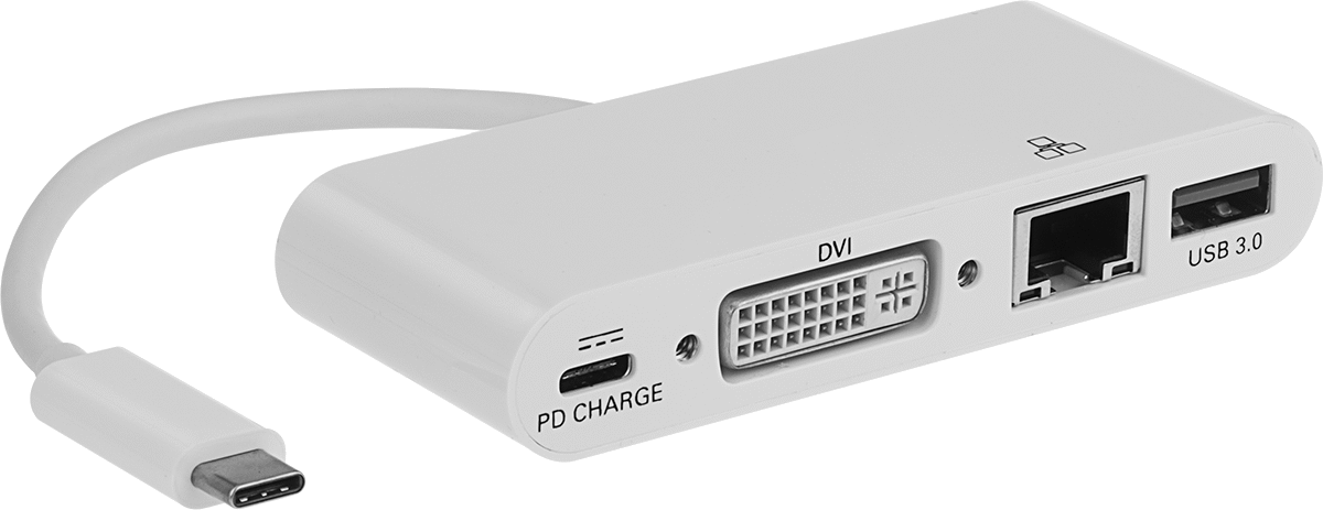 USB Standart 3.2 Gen 1 Hub, Dişi USB A ile Erkek USB C, USB C, DVI ve RJ45 Bağlantıları — 3 13⁄16", 4 1⁄4", Düz
