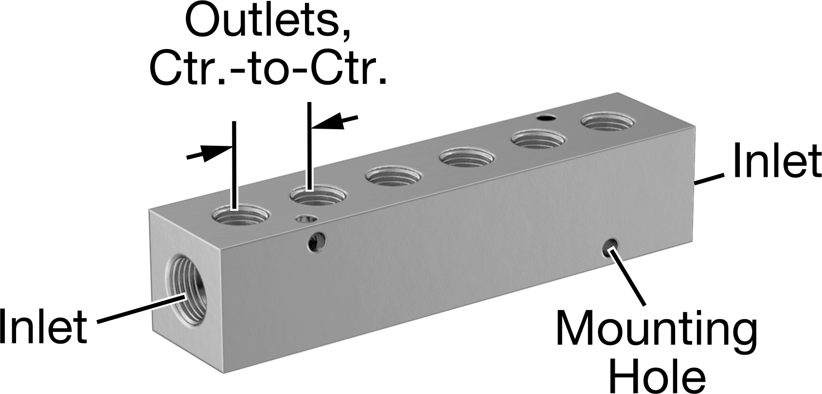 Nikel Kaplı Alüminyum Dik Açılı Akış Manifoldu, Tek Tarafta 6 Çıkışlı, 1/4 NPT x 1/8 NPT