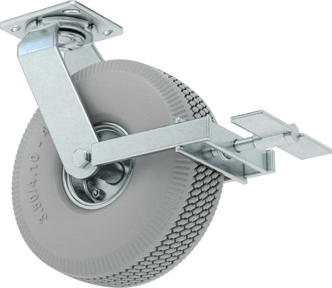 4-1/2" x 4" Plakalı Tekerlek, Frenli ve 10 inç Çapında Gri Kauçuk Pnömatik Tekerlekli Döner Tekerlek