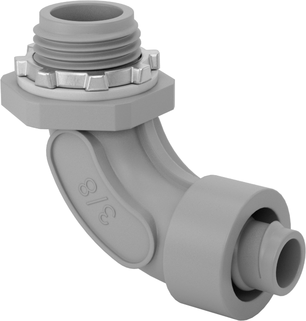 3/8 Vidalı x 1/2 NPT, Sıvı Sızdırmaz Esnek Plastik Kanal için Gri 90 Derece Dirsek — Nylon, Plastic, Adaptör, Konektör, Gri