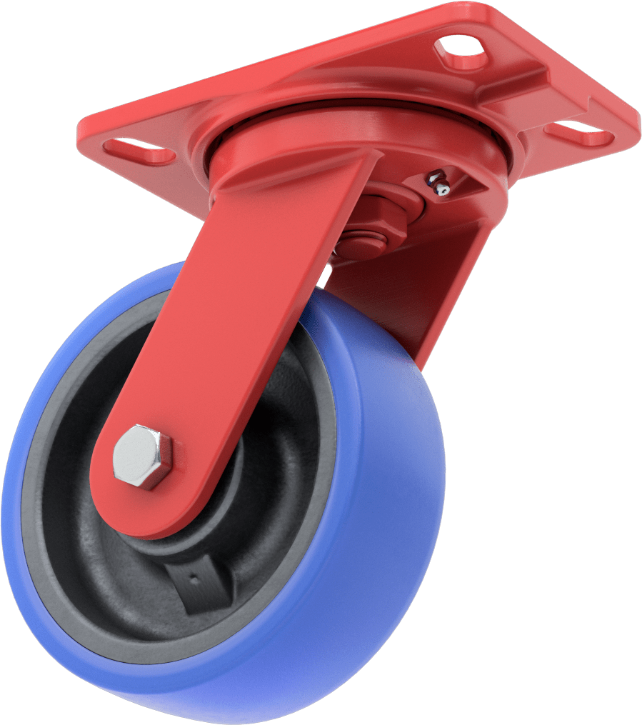 6-1/2" x 4-1/2" Plakalı Yüksek Kapasiteli Kingston Tekerlek, 6 inç Çapında Mavi Poliüretan Tekerlekli Döner Ayak — 6", Levha, Döner