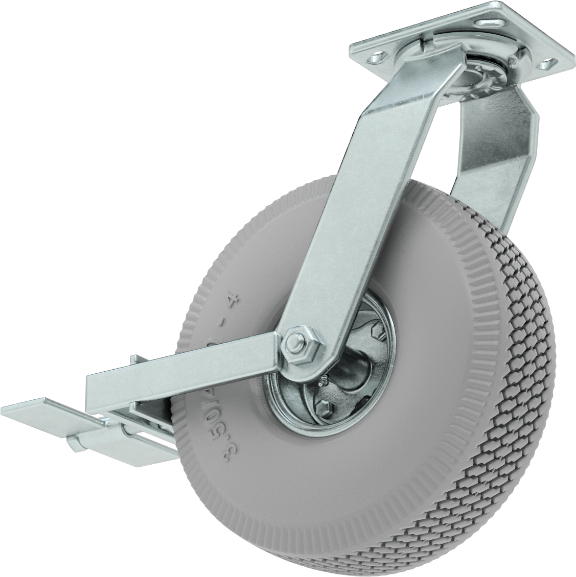 4-1/2" x 4" Plakalı Tekerlek, Frenli ve 10 inç Çapında Gri Kauçuk Pnömatik Tekerlekli Döner Tekerlek — 10", Pnömatik, Döner