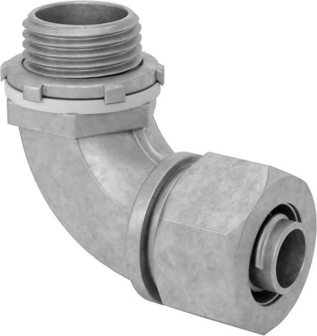Sıvı Sızdırmaz Esnek Metal Kanal Adaptörü, Somunlu, 90 Derecelik Demir, 3/8 Anma Ölçüsü Dişi ve 1/2 NPT Erkek — 90° Dirsek, Çinko Kaplama…