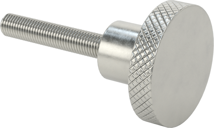 303 Paslanmaz Çelik Tırtıllı Düğme, 5/16"-24 Dişli 1-3/4" Uzunlukta Saplamalı, 1-1/2" Başlık Çapı — 5⁄16"-24, 1 3⁄4", 303 Paslanmaz Çelik